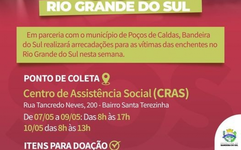 O município de Bandeira do Sul está apoiando a iniciativa Poços Caldense e se une às vítimas das enchentes no Rio Grande