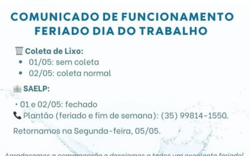 Comunicado dias de funcionamento SAELP